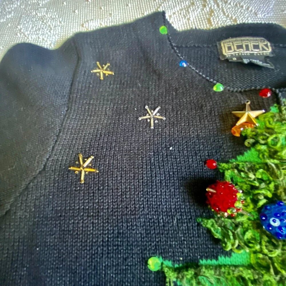 Berek 2 Sweater Christmas Tree 3D Sz S VTG Takako Saxon‎ Black Button Down Front